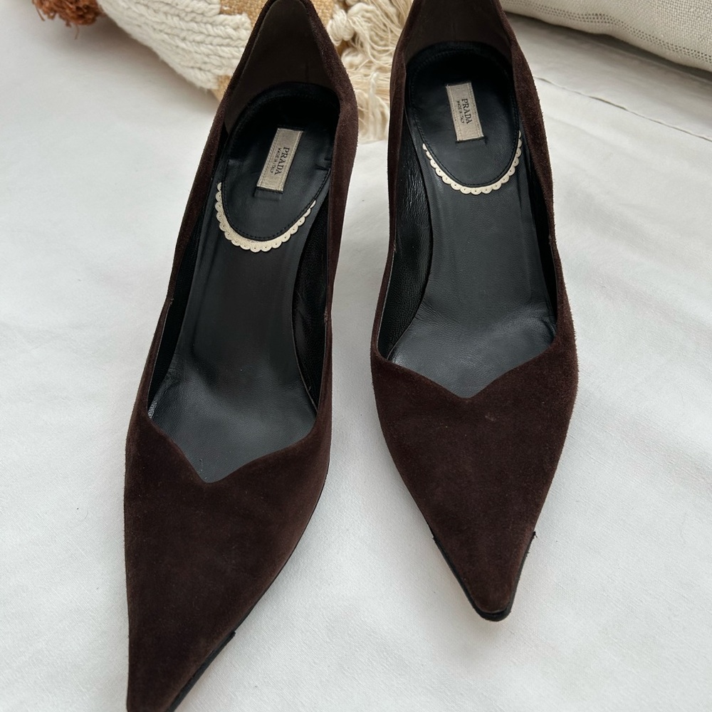 Prada Dark Brown Suede Pumps with Metal Basketweave Heel
